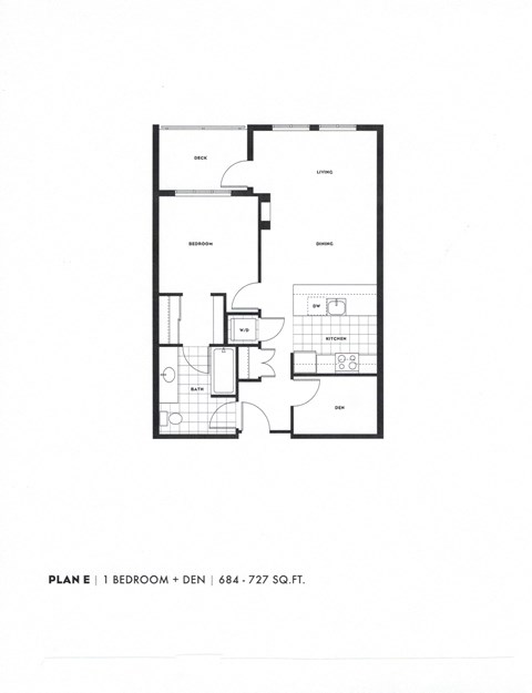 Floor plan for 1 bed, 1 bath, 727 sqft
